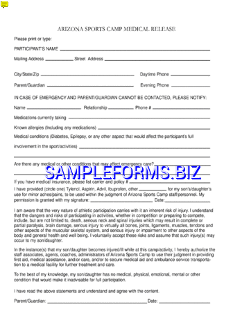 Arizona Sports Camp Medical Release Form pdf free